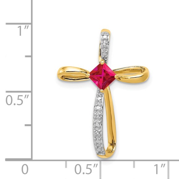 14k Yellow Gold & Rhodium Lab Created Red Ruby & Diamond Cross Slide Pendant - Picture 4 of 4